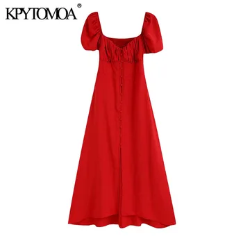 

KPYTOMOA Women 2020 Chic Fashion With Buttons Midi Dress Vintage Puff Sleeves Back Smocked Detail Female Dresses Vestidos Mujer
