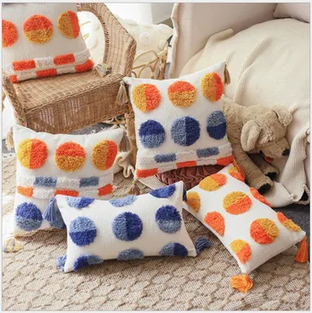 

Yellow Orange Tassels Handmade Embroidery Cushion Cover 45x45cm/30x50cm Dot Circle Pillow Cover HomeDecor PillowCase Pillow Sham