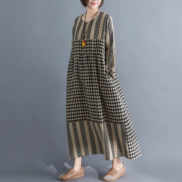 2019 Осень Зима Новое Женское Ретро клетчатое платье свободного кроя большого