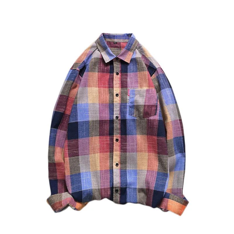 Plaid Shirts Men Rainbow Long Sleeve 
