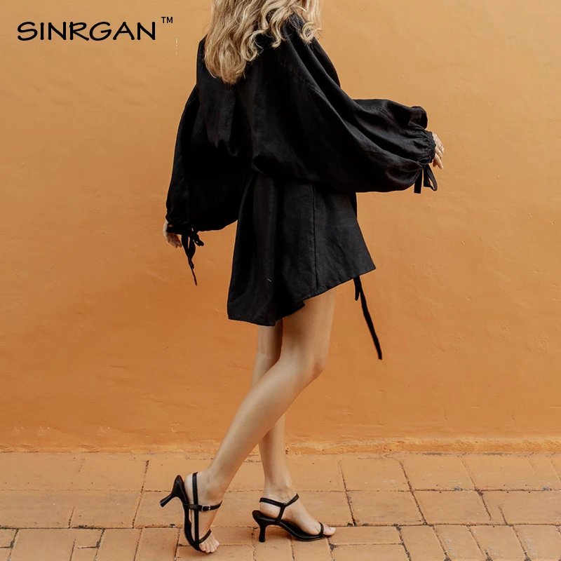 SINRGAN/черное платье с длинным рукавом для женщин; сезон весна-осень; платье в японском стиле; большие размеры; однотонное свободное платье из хлопка и льна