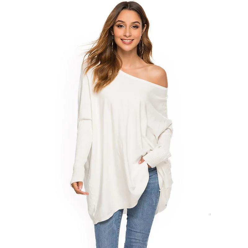 

Casual Fashion Long Fund Sweater Women Zutumn Winter Bat Sleeve Loose Comfy Knit Pullover Round Neck Plain Color Sweatershirt