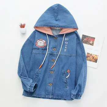 

Mori Girl sweet Cartoon Embroidery Hooded Denim Jacket 2020 spring Japanese Cute loose hooded jean coat outwear r306