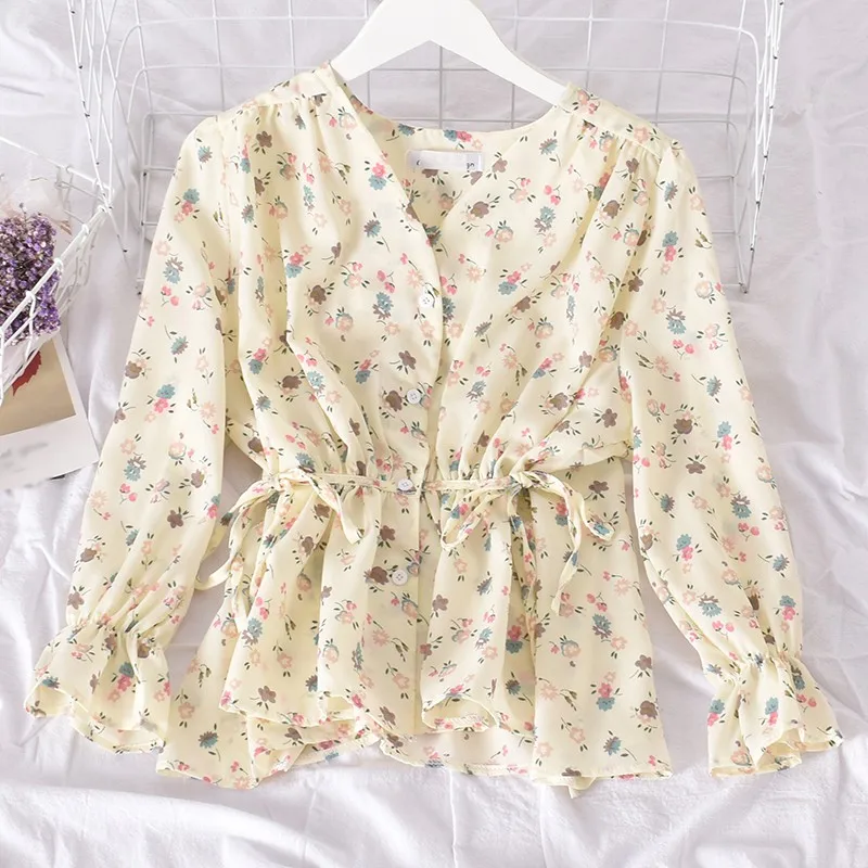 Women's V-Neck Chiffon Shirt Long Sleeve Korean Style Ladies