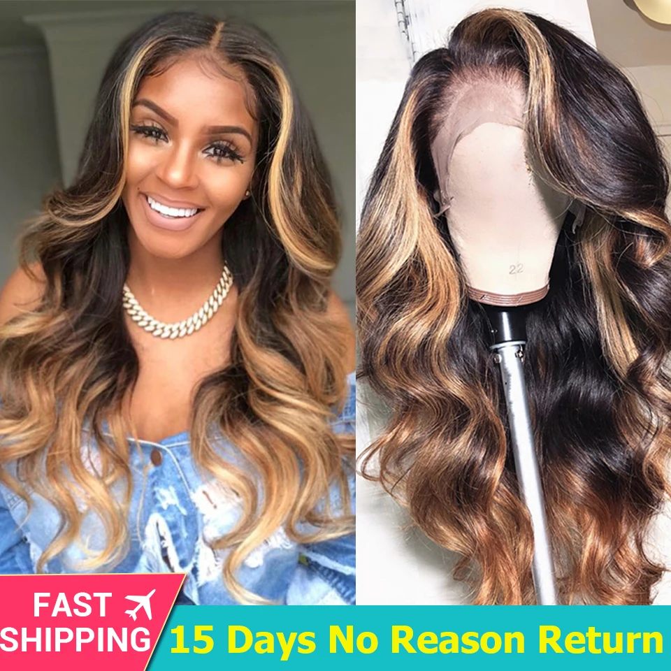 Brazilian Body Wave Lace Front Human Hair Wigs PrePlucked 13×6 Honey Blonde Remy Ombre Glueless 360 Lace Frontal Wig Highlight