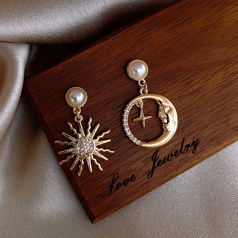 Fashion Rhinestone Pearl Pendant Earrings Women Retro Star Moon Asymmetrical Girl Earrings Egypt Sun Totem Drop Jewelry dangle earrings drop earrings pendant earrings long earrings dome teardrop earrings