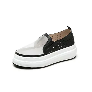 

New Spring Summer Genuine Leather Shoes Woman Platforms Black White Mesh Round Toe Casual Shoes Woman Loafters