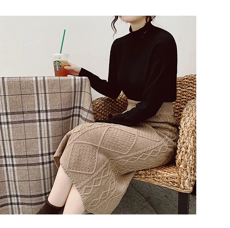 Retro Rhombus Knitted Skirt One-step Skirt Winter Korean-style High-waisted Slimming Mid-length Skirt Women's F5673