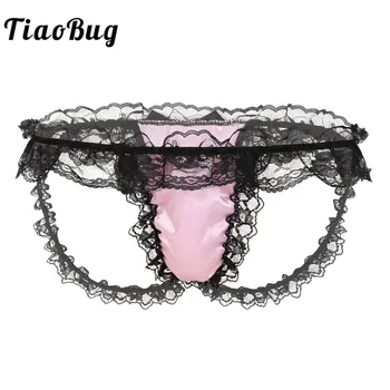 

TiaoBug Men Soft Satin Frilly Ruffled Lace Sissy Panties Lingerie Low Rise Bulge Pouch Bikini Thong Briefs Sexy Gay Underwear
