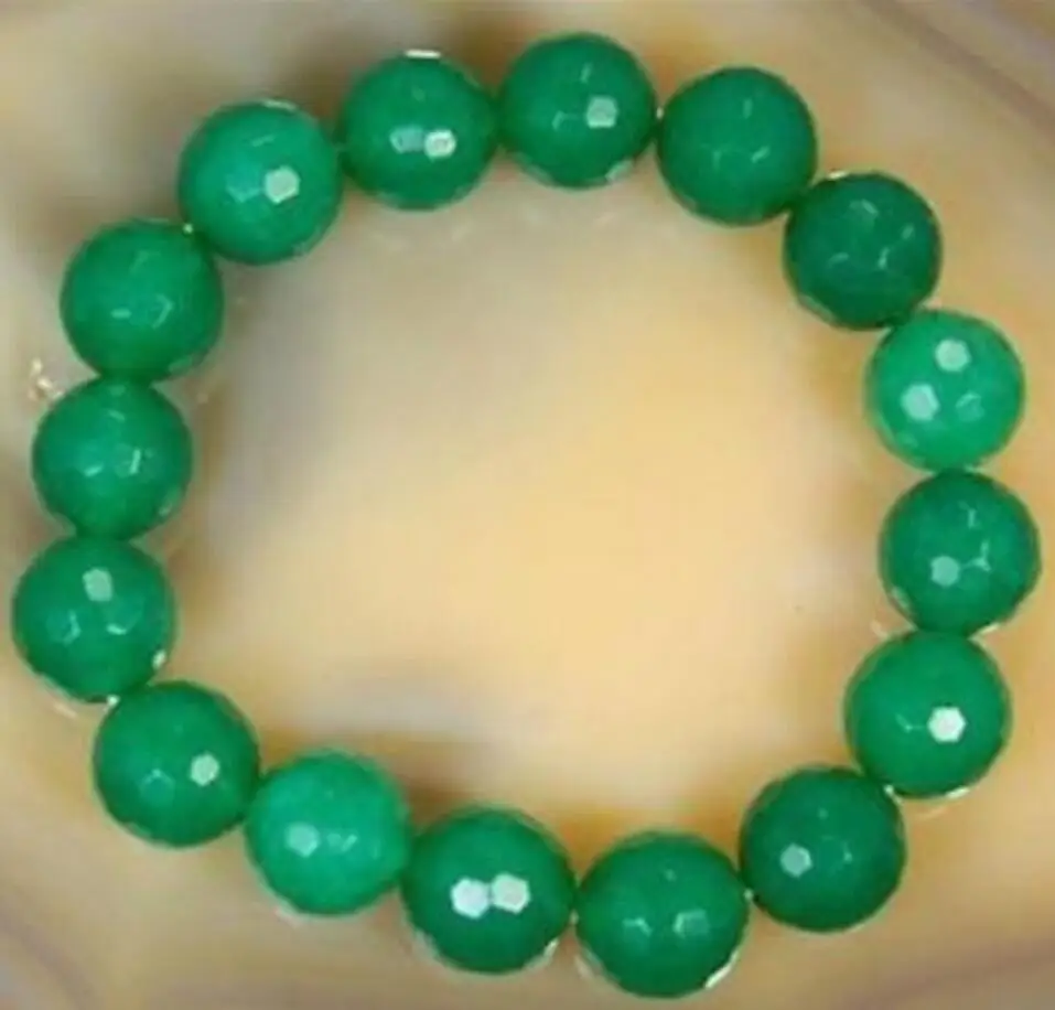 

new hot Natural 10mm Faceted Green jade Round Beads Bracelet 7.5"