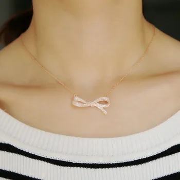 

Fashion 925 sterling silver bow knot pendant chain set for Lady paved mini delicate cz necklace shiny jewelry for wedding gift