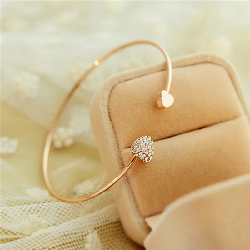 Heart Gold Rhinestone Love Heart Bangle Cuff Bracelet For Women Jewelry