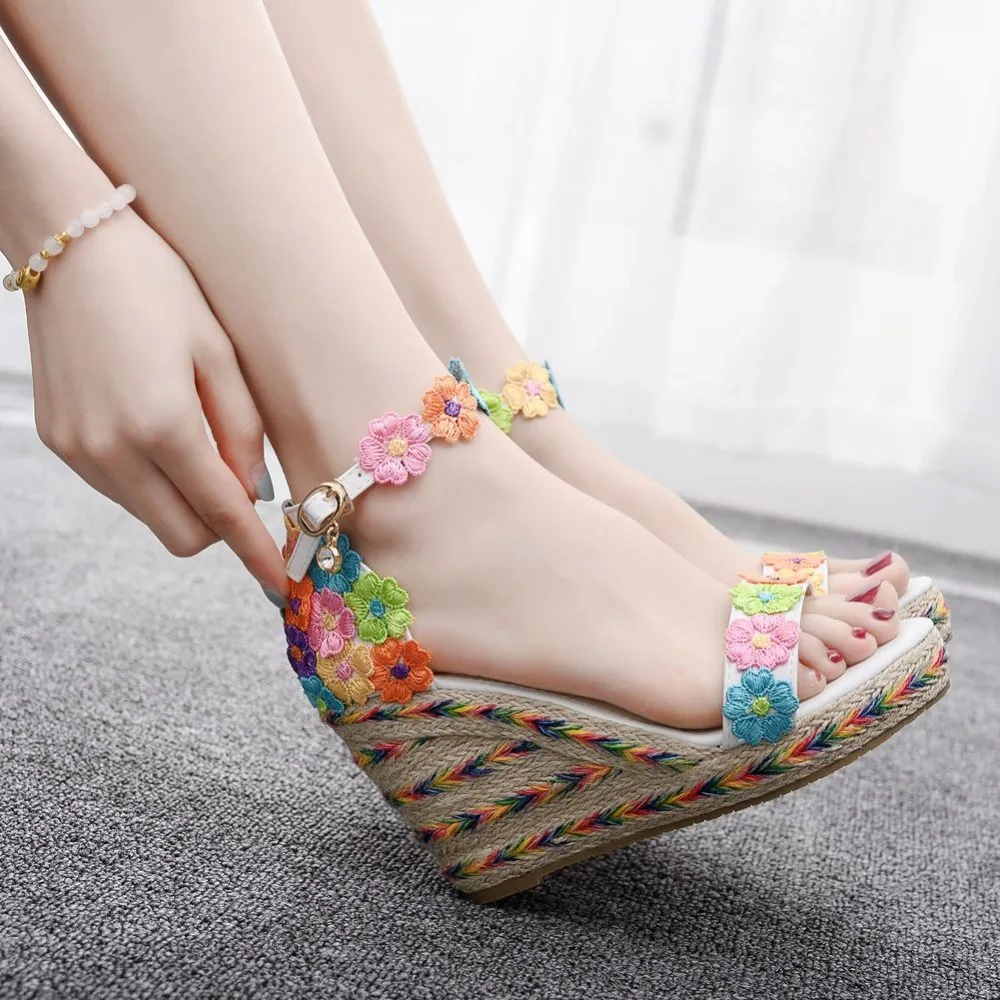 

Crystal Queen 9cm Peep Toe Platform Wedges High Heel Sandals White Lace Wedges Sandals Platform Sandals Shoes Plus Size 33-42