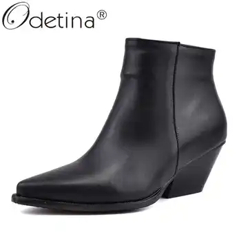 

Odetina Women Fashion Winter Zip Up Block Mid Heel Pointed Toe Short Boots Ladies Vintage Snake Printing Side Zipper Ankle Boots