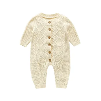 

Autumn Newborn Toddler Baby Boy and Girl Long-Sleeved Romper Cotton Woolen Jumpsuit Twist Solid Color Single-Breasted Romper