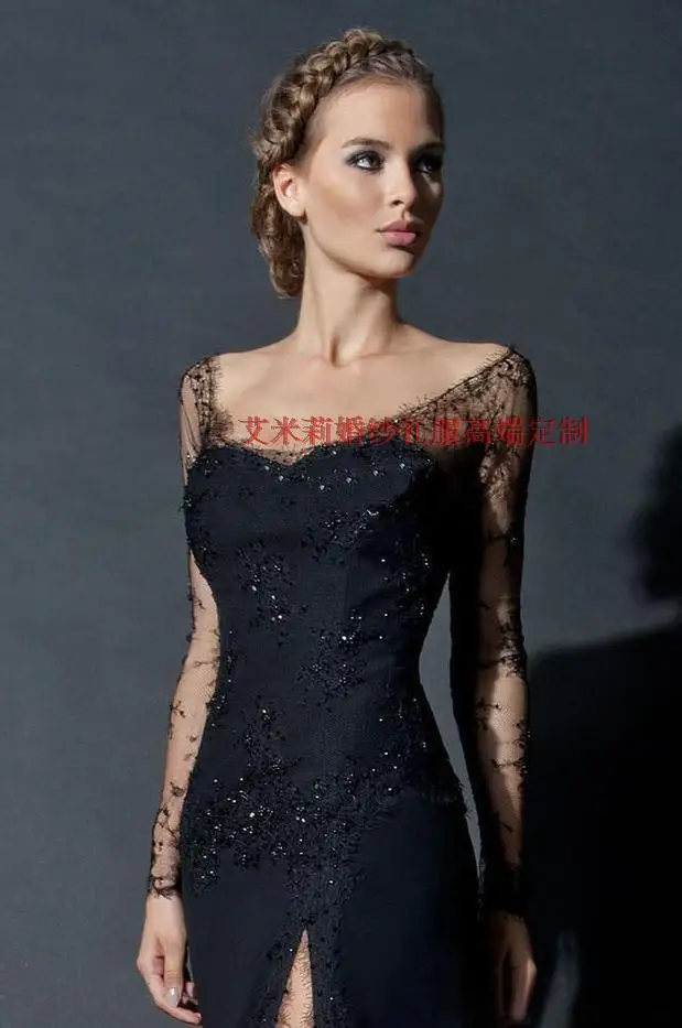 Модные Вечерние Платья с длинным рукавом, украшенные бисером, vestido de festa, новинка,, сексуальные черные кружевные платья для матери невесты