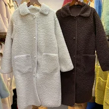 Autumn Winter Women Faux Lamb Wool Long Jacket Apricot Coffee Long Sleeve Casual Coat OL Lady Streetwear Overcoat 47.5-70kg