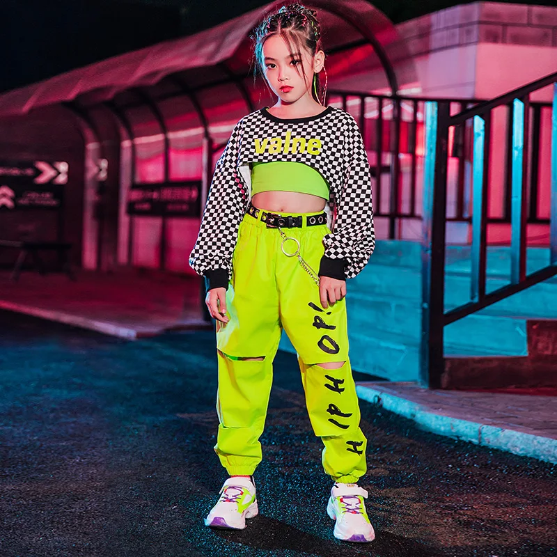 Girls Hip Hop Clothing Jazz Costume Lattice Tops Fluorescent Green Pants Modern Show Outfit Rave Hip Hop Clothes Kids Wear L5299