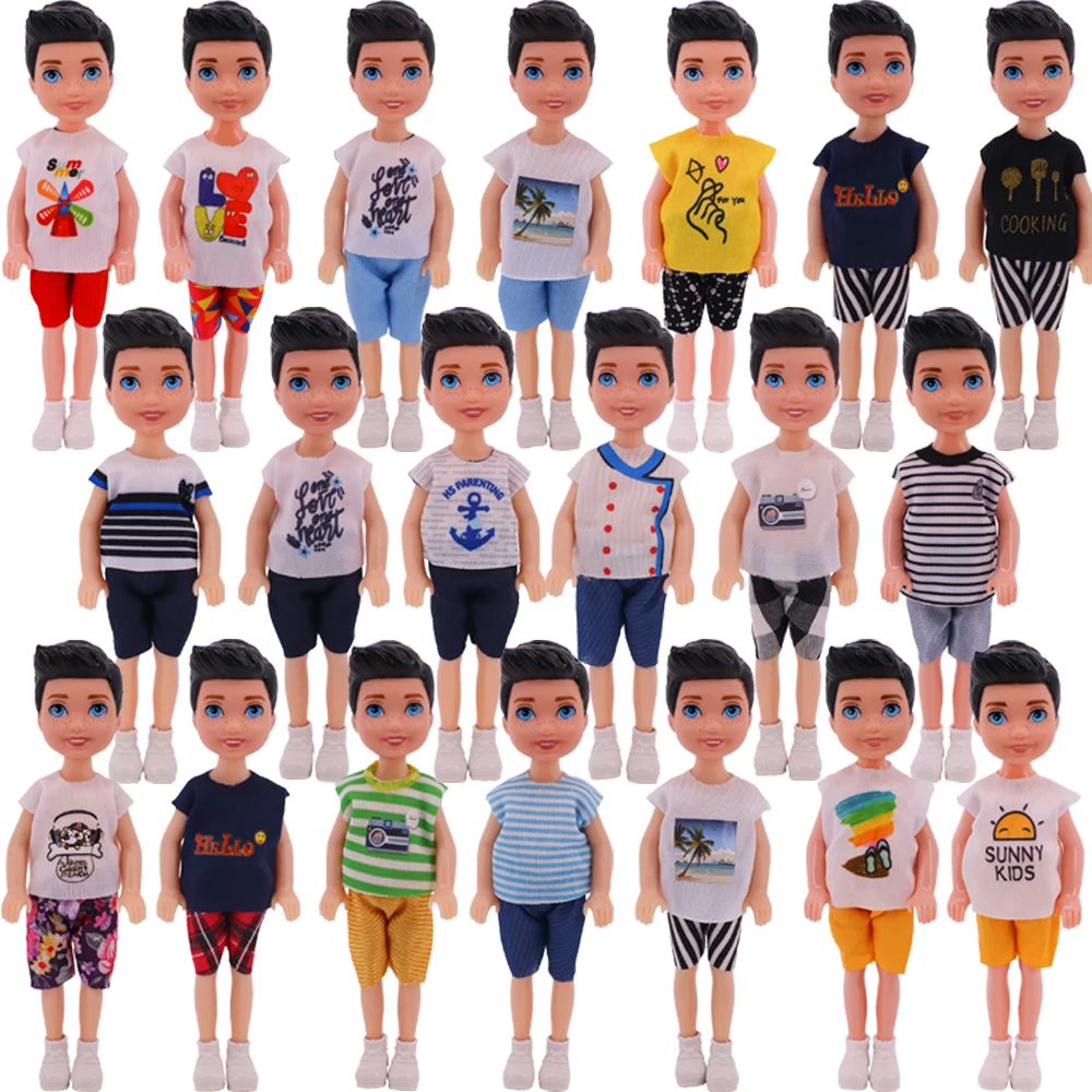 Boy Doll Clothes Cotten Print T-Shirt + Shorts Fit For 5 Pollici American Kelly Doll,Specialiy Mini Doll House Toy,Girl Christmas Gift