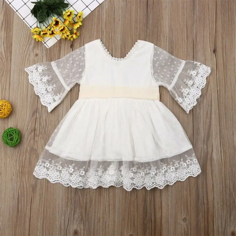 Dress for Girls Toddler Kids Girls Pretty White Lace Mesh Christening Baptism Party Wedding Princess Dress 1-6Y