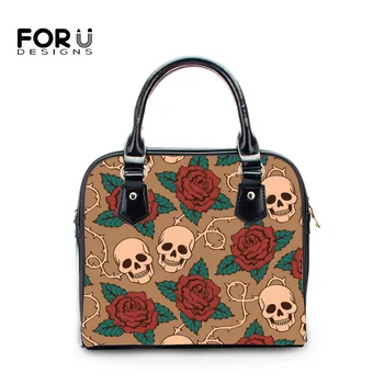 

FOURDESIGNS Rose Flower Skull Pattern Fashion Women PU Leather Shoulder Bags Ladies Elegant Cross Body Bag Female Casual Handbag