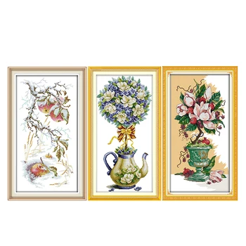 

Flowers growing in cups 11CT14CT handmade cross stitch kits printed pattern craft DMC on fabric sewing needlework embroidery set