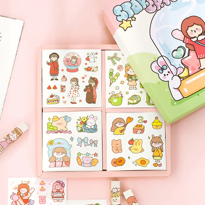 

200 sheets/box Gift Box Hand-painted Cartoon Girl Hand Account DIY Material Decorative Stickers Kids Gift