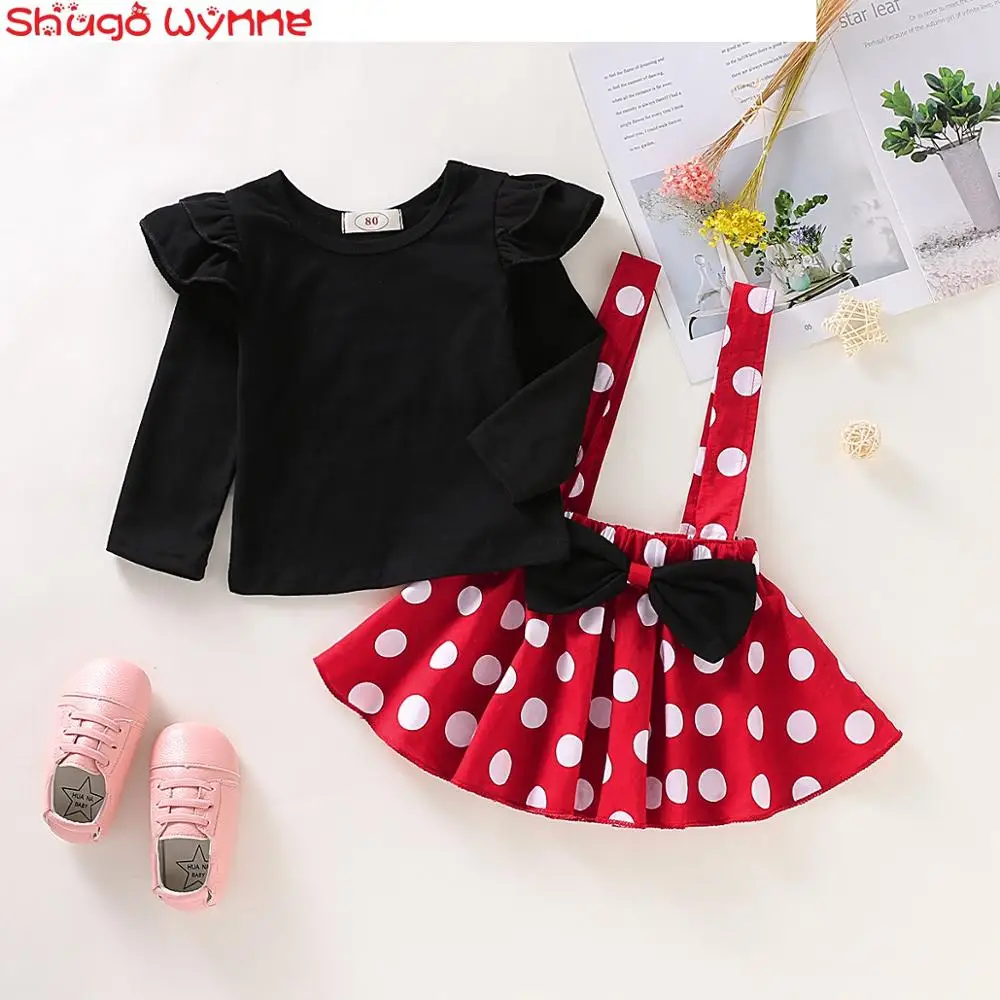 

Autumn Winter Models Girls Solid Color Flying Sleeves Tops + Polka-Dot Bows Skirts In The Children's Two-Piece Sets