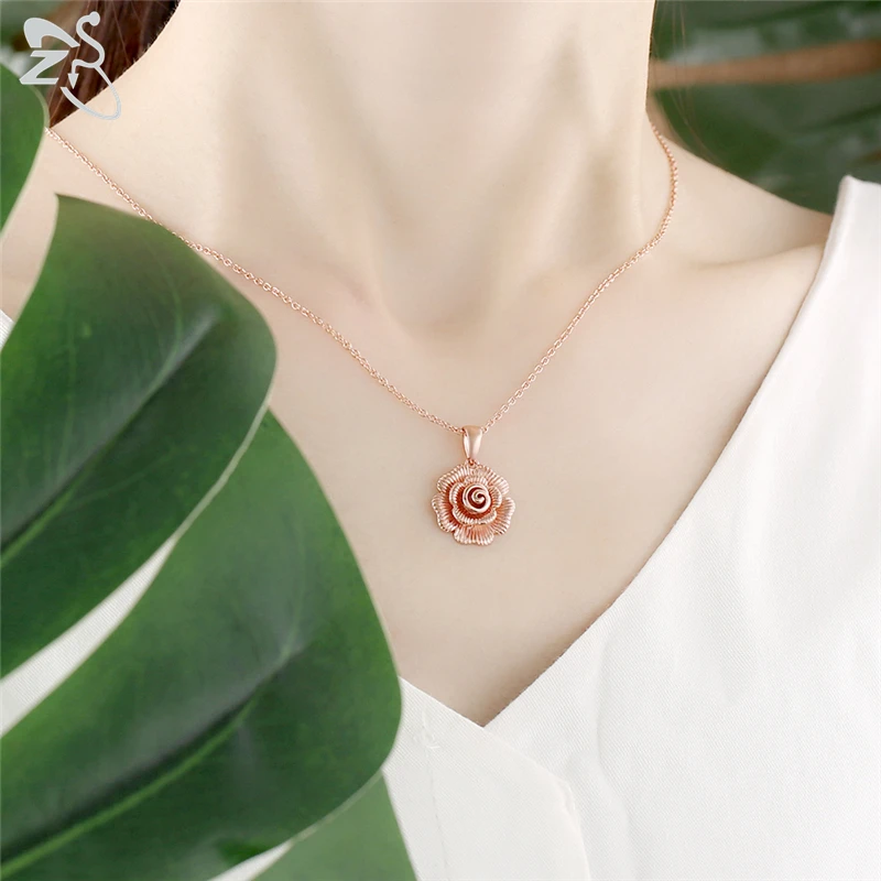 

ZS Elegant Rose Flower Pendant Necklace For Women Girls Rose Gold Color Statement Necklaces Bohemia Sweater Chain Jewelry Gifts
