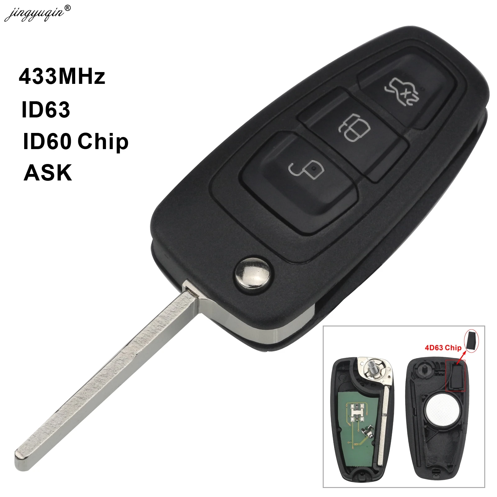 Jingyuqin 3 кнопки 4D63 4D60 чип 433 МГц ASK Флип брелок для Ford C Max Focus Fiesta Mondeo пульт