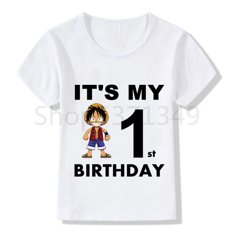 Цельный LUFFY мультфильм футболка «С Днем Рождения» Happy футболка «С Днем Рождения» с принтом забавные детские футболки, футболка для мальчиков и девочек, Рубашка с короткими рукавами футболка «С Днем Рождения» - Цвет: WhiteA