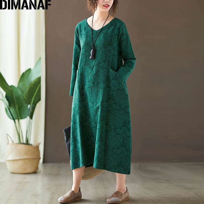 YiS91337CN-green DIMANAF женское платье большого размера, Осеннее винтажное китайское Стильное элегантное хлопковое льняное свободное женское жаккардовое платье с цветочным рисунком - Цвет: YiS91337CN-green