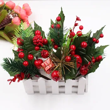 2Pcs Christmas Decor Artificial Flowers Stamen Berry Pine Branch Wedding Party Decoration DIY Gift Box Craft Fake FlowersQW142