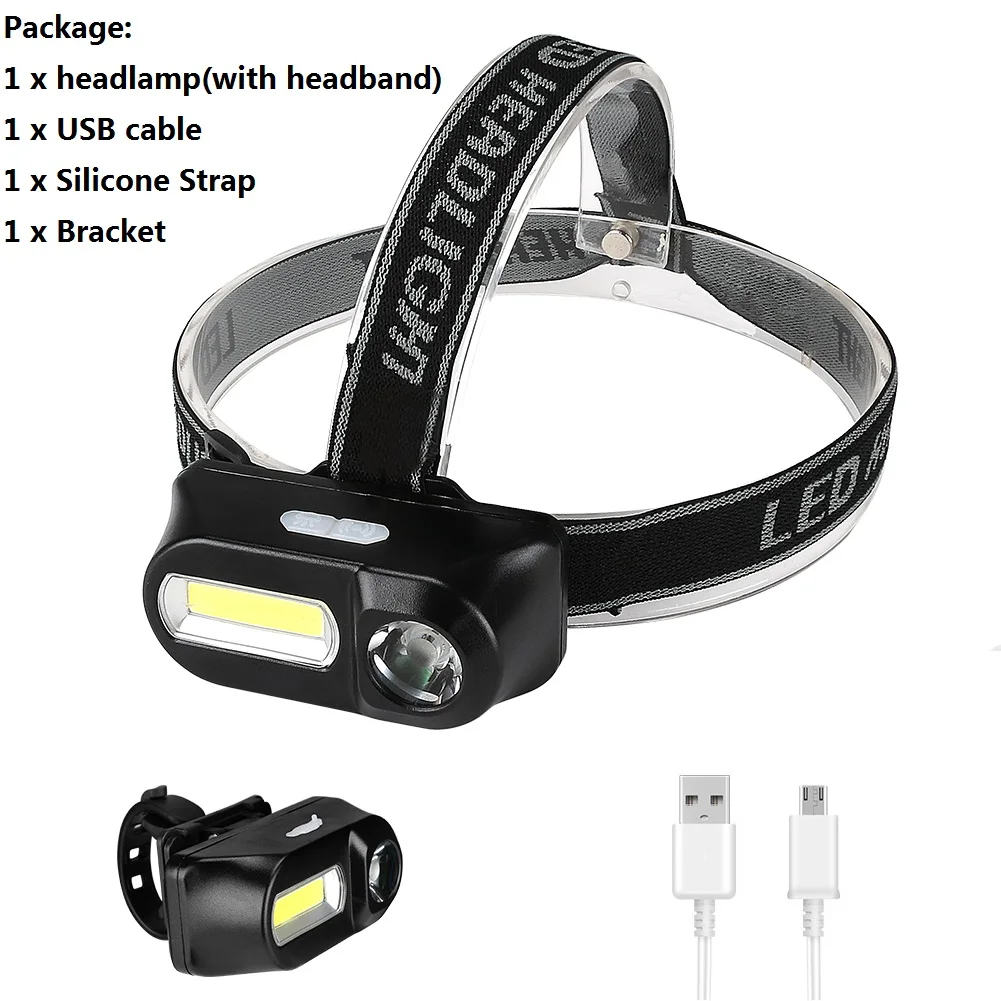 USB Cable Двойной переключатель мини XPE+ COB светодиодный налобный фонарь USB Перезаряжаемый налобный фонарь наружный велосипедный рыболовный головной фонарик Встроенный аккумулятор 18650 - Испускаемый цвет: USB Cable