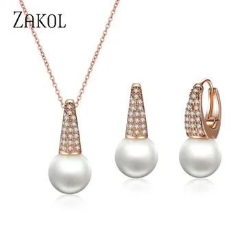 

ZAKOL Fashion Tiny CZ Zircon Pave & Round Simulated Pearl Hoop Earrings Necklace Set for Women Newly Issued Wedding Jewelry