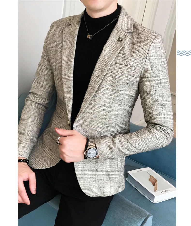 Деловой костюм Veste Homme Vestidos De Novia серые клетчатые блейзеры мужской костюм Slim Fit Мужская офисная куртка в клетку осень