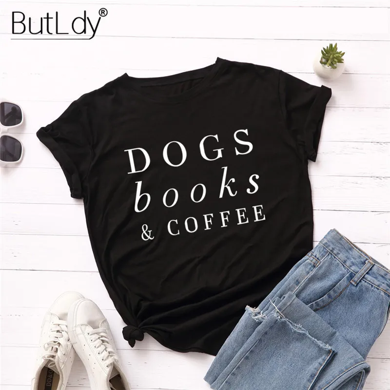 100% Cotton Printing Tshirt Women Letter DOGS BOOKS & COFFEE Casual T-Shirt Summer 2019 Fashion Tumblr Tees Shirts Tops
