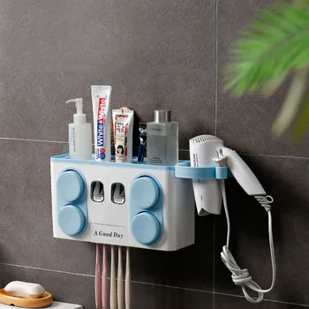 

Toothbrush Holder Double Toothpaste Dispenser With 4 Cups Hair Dryer Holder Wall Mount Toiletries Storage Rack Bathroon Supplies