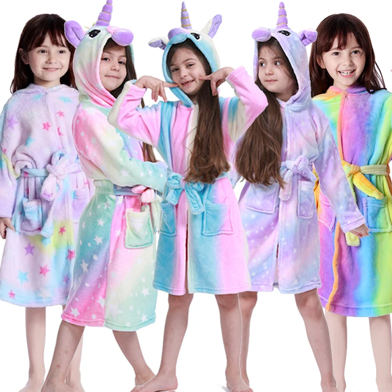 

Kigurumi Unicorn Hooded Children Bathrobes Baby Rainbow Bath Robe Animal For Boys Girls Pyjamas Nightgown Kids Sleepwear 3-11Y