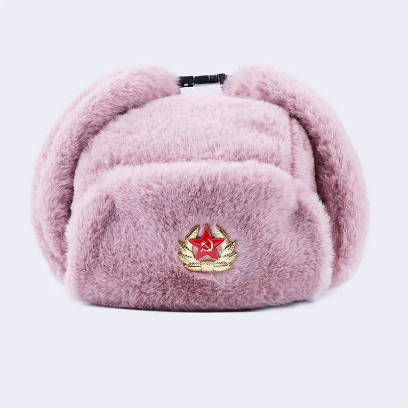 Billige Sowjetischen Abzeichen Ushanka Russischen Männer Frauen Winter Hüte Faux Kaninchen Pelz Armee Military Bomber Hut Kosaken Trapper Earflap Schnee Ski kappe