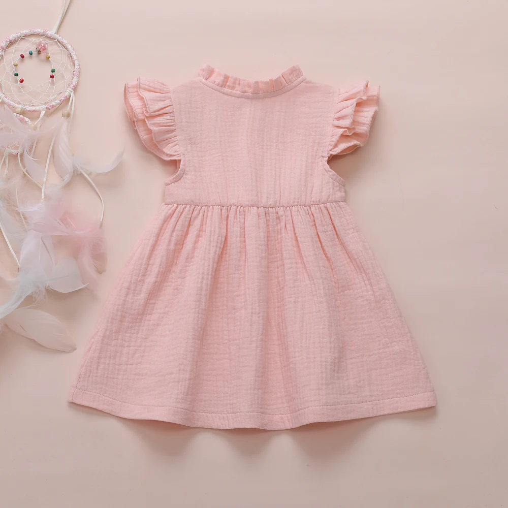 2020 Princess Toddler Kids Baby Girl Dress 1-6Y Solid Linen Button Ruffle Sleeve Turn Down Collar Bow Party A-Line Dress Clothes