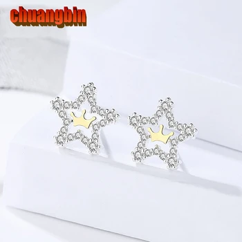 

Genuine S925 sterling silver jewelry zircon Korean Personality Pentagram earrings ladies Fashion Star ear Studs silverware