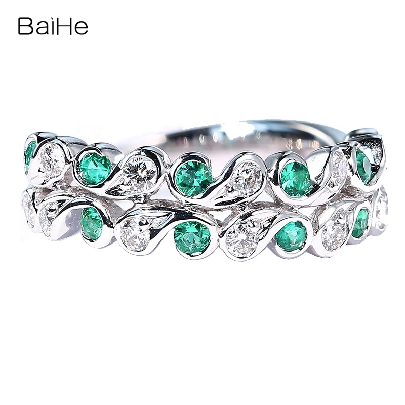 Baihe Real Solid 14K White Gold Natural Emerald Diamond Ring Donna Uomo Wedding Trendy Fine Jewelry Making Anillo Esmeralda