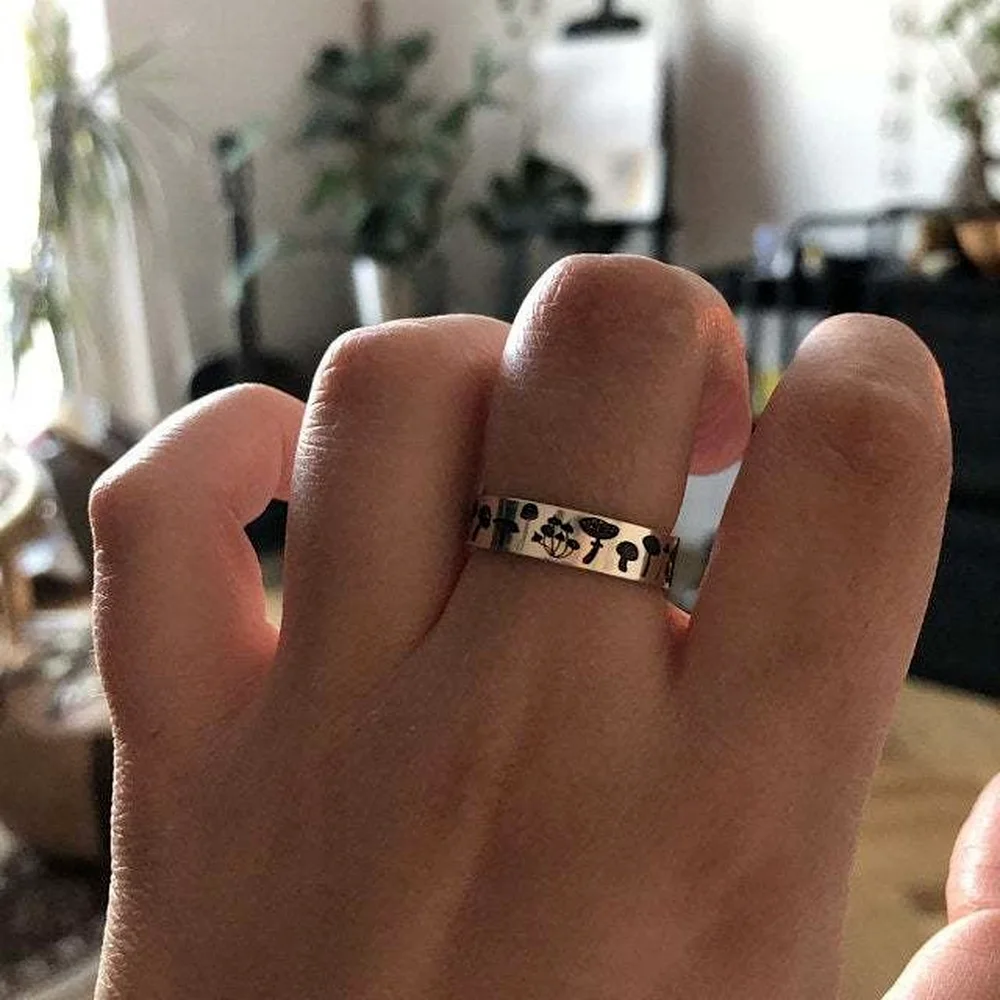 Finger Ring Wedding Ring For Women Girls Bohemian Handmade Carved Flower Vintage Mushroom