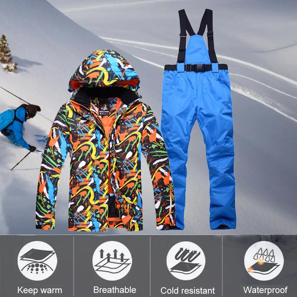 New Graffiti Ski Suit Waterproof Warm Thickened Ski Jacket Pants For Men In Winter Snow Costumes Outdoor Wear