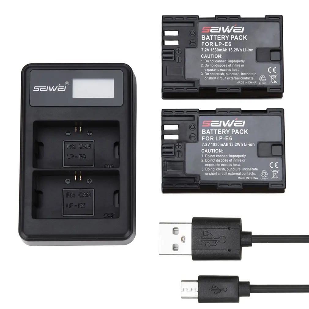 

Camera Charger Battery Set 2*1830mAh LP-E6 Rechargeable Battery +2-Slot LCD Display Camera Battery Charger + USB Cable For CONON