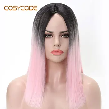 

COSYCODE Pink Wig 16 inch Middle Part Straight Women Wig 40 cm Non-Lace Synthetic Cosplay Wig Costume Medium Shoulder Length