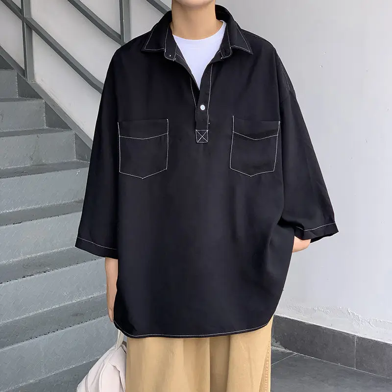 

Summer Korean Pullover Shirt Men's Fashion Solid Color Business Casual Shirts Mens Streetwear Loose Five-point Sleeve Shirt Men