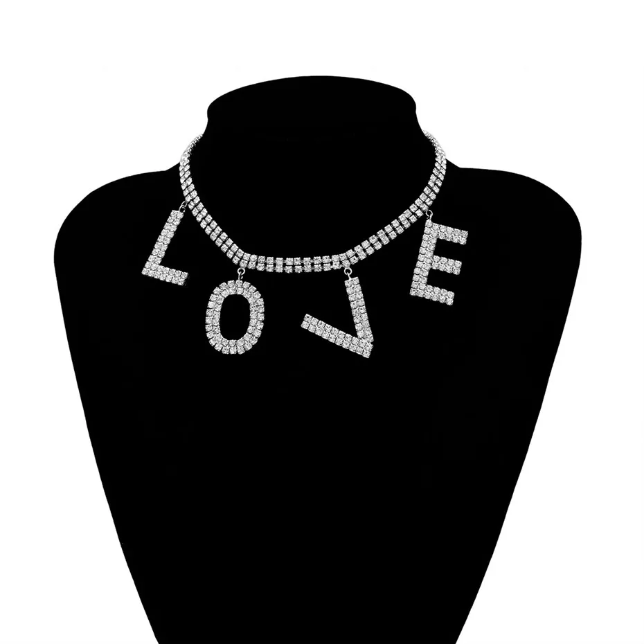Silver IngeSight. Z Роскошные блестящие стразы с подвеской в виде букв LOVE, ожерелье, массивное Золотое колье с кристаллами, Женские Ювелирные изделия - Окраска металла: Silver
