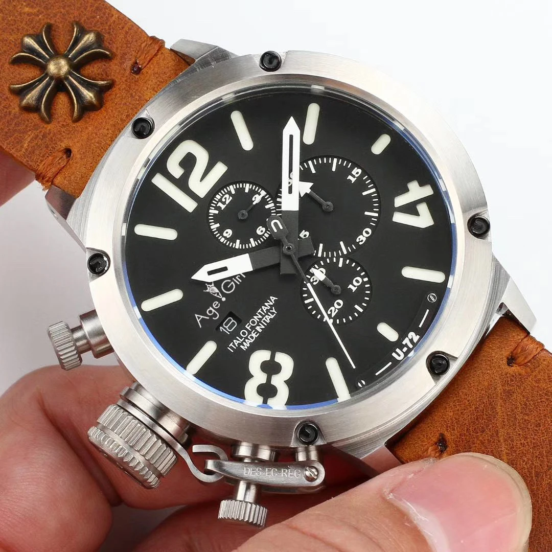 

Brand New Quartz Chronograph Stopwatch Men U CHRONOMETER U72 Chimera Silver Aged Brown Cow Black Leather Boat Watch White Orange
